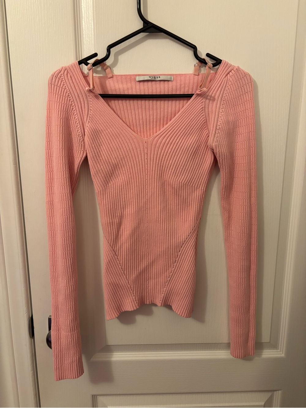 Guess Soft Pink Ribbed V-Neck Long Sleeve Top